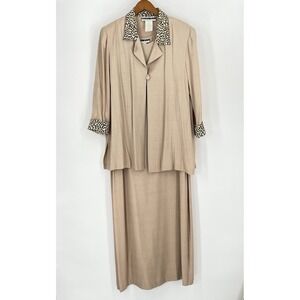 Vtg Dana Kay 10 Dress Jacket Set Beige Animal Print Collar Sleeve Made in USA